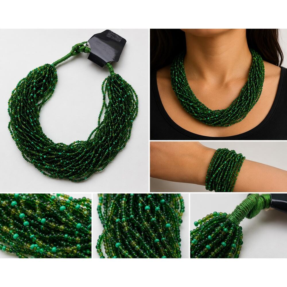 Green Multi Strand Seed Bead Statement Necklace 18" Boho Layered Collar Necklace